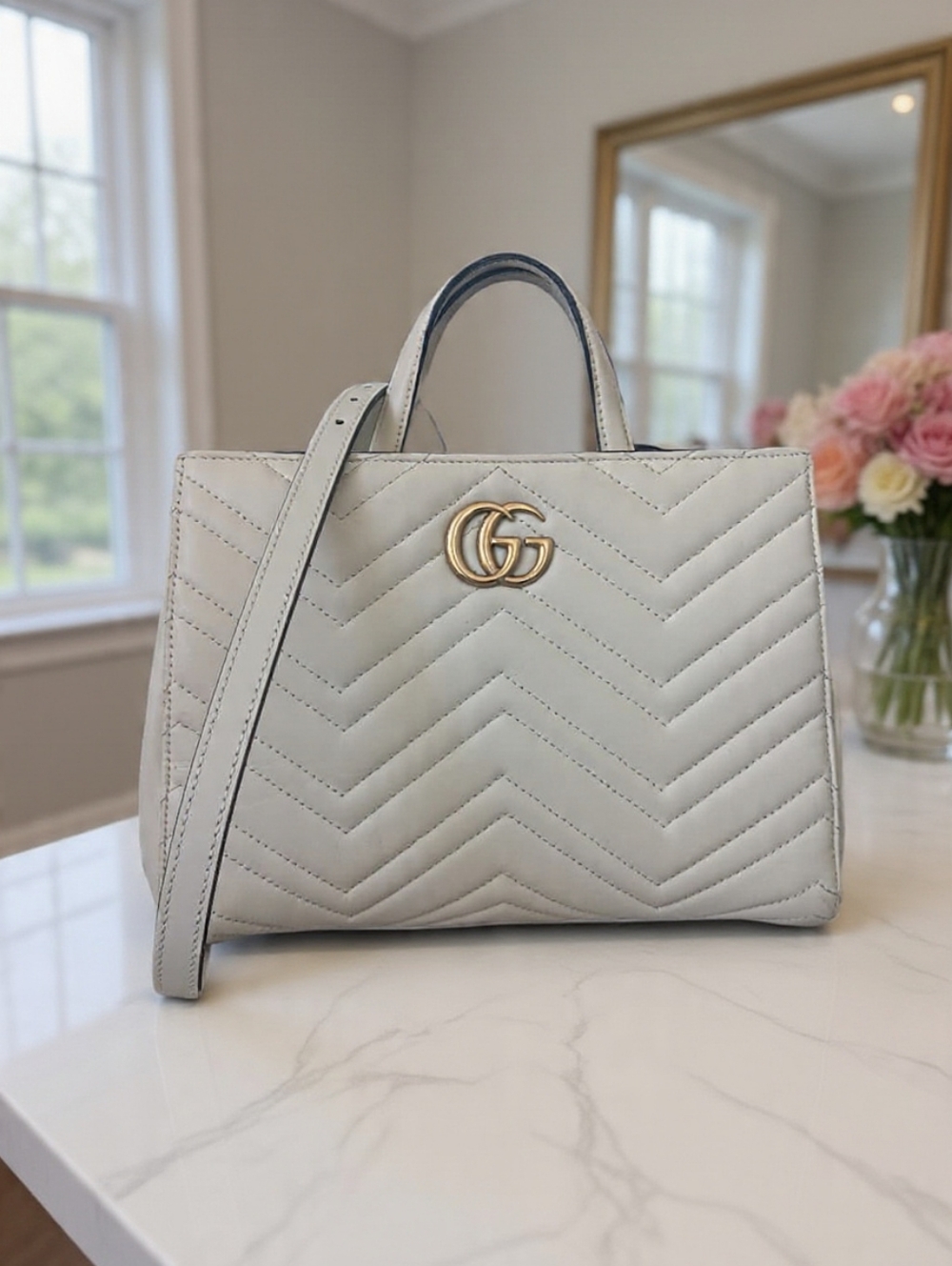 Gucci GG Marmont Small Matelassé Top Handle White ✨ With STRAP ✨️ COA